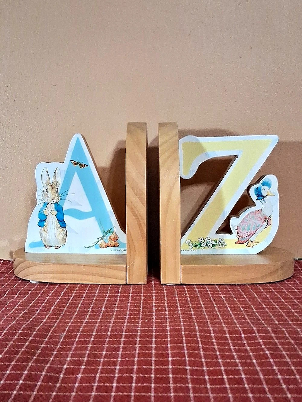 BEATRIX POTTER Wooden Bookends Feature A & Z Letters W/Rabbit And Duck Design.